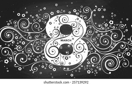 March 8, Woman's day. Vector greeting card with chalkboard background