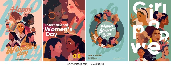 March 8, women, international women's day, girl power. Set of vector illustrations. Flat design. Typography. Background for a poster, t-shirt or banner. - Shutterstock ID 2259860853