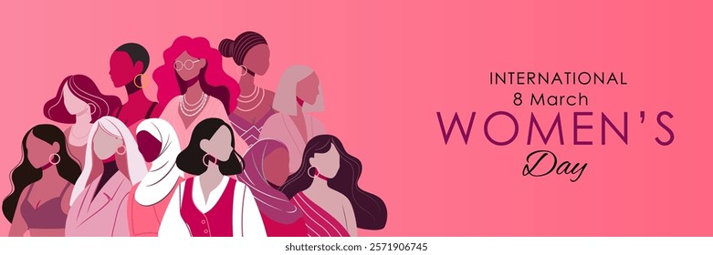 March 8, women, international women's day, girl power. Women of different nationalities and cultures standing together. Women's friendship. The concept of the female's empowerment movement