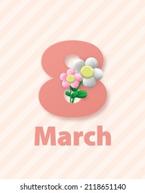 March 8, Women s Day greeting card with spring flowers. Background in pastel colors with a geometric pattern. Vector illustration