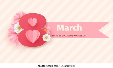 March 8, Women s Day greeting card with chamomile flower. Background in pastel colors with a geometric pattern. Vector