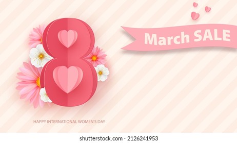 March 8, women s day greeting card with flowers and paper number eight. Background in pastel colors with a geometric pattern. Holiday discounts. Vector illustration