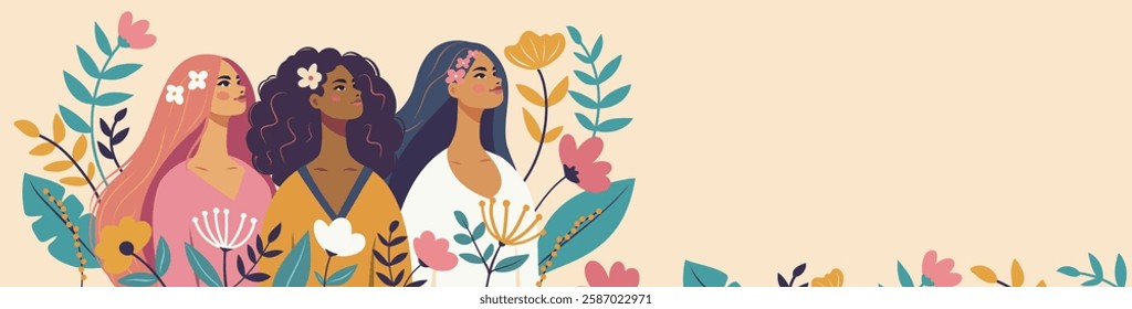 March 8. Women's Day. Beautiful women of different skin colors and cultures stand against a background of flowers. Vector banner in pink pastel colors. For women's projects with place for text