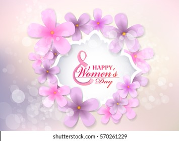 March 8 Women's Day. Beautiful label with pink flowers.