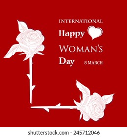 March 8 Women's Day card with roses on red background.