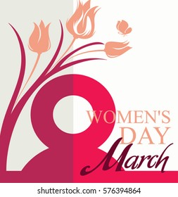 March 8. Women's Day card with flowers tulip and butterfly. Vector template of banner, poster, postcard, invitation.