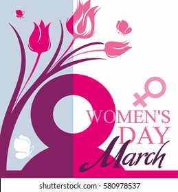 March 8. Women's Day card with tulips and butterflies. Vector template of banner, poster, postcard, invitation.