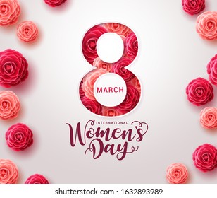 March 8 women's day design. Women's day vector concept design for international woman celebration with camellia flowers background. Vector illustration 