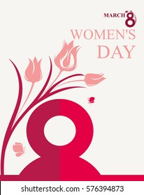 March 8. Women's Day design with flowers and butterflies. Vector template of banner, placard, poster, postcard, invitation.