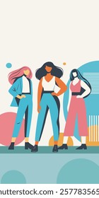 March 8. Women's Day. Equality Day. Illustration in a bright trendy palette. Women of different skin colors stand together and look forward. Feminism. Gender equality and women's empowerment