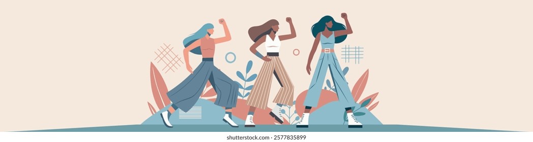 March 8. Women's Day. Equality Day. Different women, different cultures and skin colors stand together and look forward. Feminism. Gender equality and women's empowerment. Vector banner