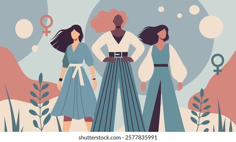 March 8. Women's Day. Equality Day. Illustration in pastel soft colors. Women of different skin colors stand together and look forward. Feminism. Gender equality and women's empowerment