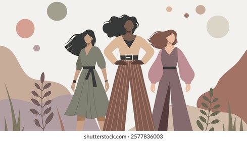 March 8. Women's Day. Equality Day. Illustration in pastel beige colors. Women of different skin colors stand together and look forward. Feminism. Gender equality and women's empowerment