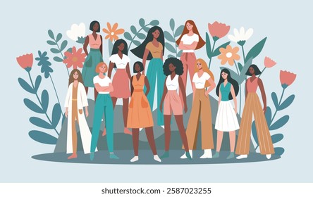 March 8. Women's Day. Equality Day. Women of different cultures and skin colors stand together against a background of flowers, fighting for gender equality and empowerment. Vector illustration