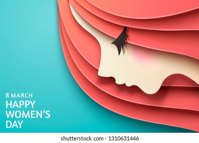 March 8 women's day with eye closed woman in paper art style