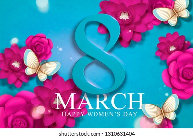 March 8 women's day with fuchsia color flowers in paper craft