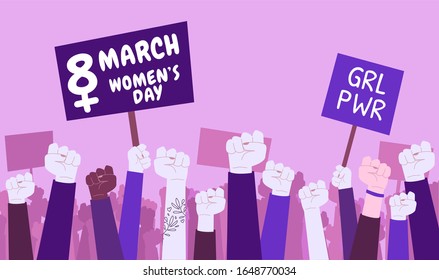 March 8 women's day and girl power. Vector flat design of a feminist manifestation for women's day