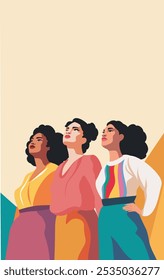 8 de março. Dia da Mulher. Grupo de diferentes mulheres, meninas de diferentes culturas e cores de pele em pé e olhando para cima. Feminismo. Igualdade de gênero e empoderamento das mulheres. Banner do vetor