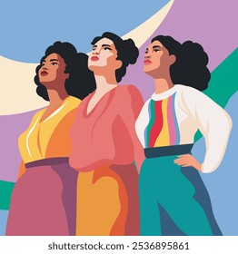 8 de março. Dia da Mulher. Grupo de diferentes mulheres, meninas de diferentes culturas e cores de pele em pé e olhando para cima. Feminismo. Igualdade de gênero e empoderamento das mulheres. Banner do vetor