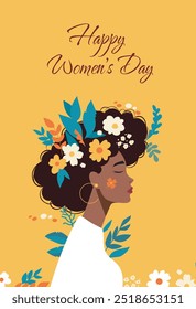 March 8 Women's Day. Holiday banner, curly girl in flowers with text Happy International Women's Day on bright background. Feminism concept, women empowerment, gender equality. Vector illustration