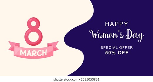 March 8 Women's Day horizontal banner with number 8 and ribbon. Simple cute greeting card. Vector illustration.