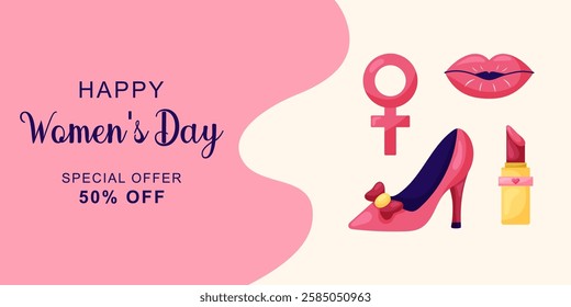 March 8 Women's Day horizontal banner with shoes, lipstick and lips. Simple cute greeting card. Vector illustration.