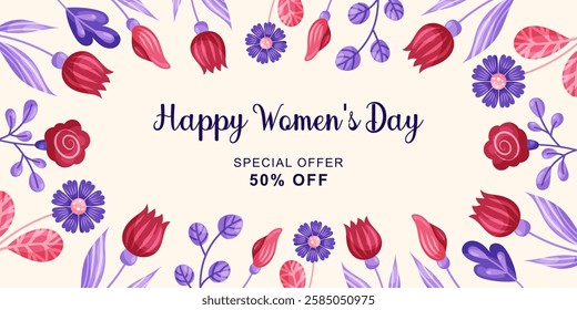 March 8 Women's Day horizontal banner with flowers. Simple cute greeting card on beige background. Vector illustration.