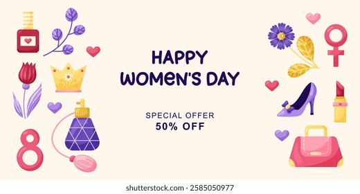 March 8 Women's Day horizontal banner with perfume, bag and high heels. Simple cute greeting card. Vector illustration.