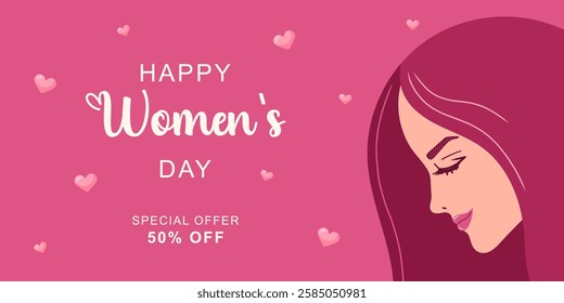 March 8 Women's Day horizontal banner beautiful woman. Face in profile close-up. Pink shades. Simple cute greeting card. Vector illustration.