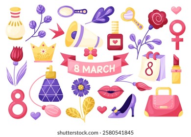 March 8 Women's Day Illustration Set. Elements for design on white background. Isolated vector illustration.