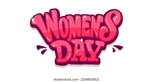 March 8, Women's Day. International Women's Day. Hand drawn lettering. Pink 3D cartoon text with volume effect. Inscription calligraphy with smooth lines. Vector illustration. Isolated on white.