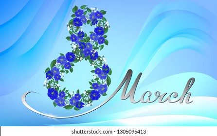 March 8 - women's day. lettering of flowers, hand lettering, delicate blue spring background.