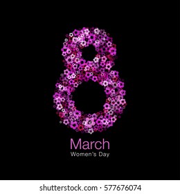 March 8 - Womens Day light design of greeting card template. Symbol of International Women's day with bright glow red purple pink flower petals isolated on black background. Vector illustration.