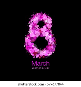 March 8 - Womens Day light design of greeting card template. Symbol of International Women's day with bright glowing red purple pink hearts isolated on white background. Vector illustration.