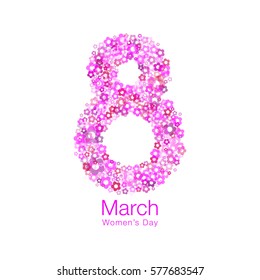 March 8 - Womens Day light design of greeting card template. Symbol of International Women's day with bright red purple pink flower petals isolated on white background. Vector illustration.