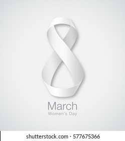 March 8 - Womens Day Paper Design of greeting card template. International Women's day Realistic symbol of white ribbon isolated on white background. Vector illustration.