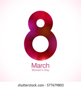 March 8 - Womens Day paper design of greeting card template.  Symbol of International Women's day bright red purple watercolor on white background. Vector illustration.