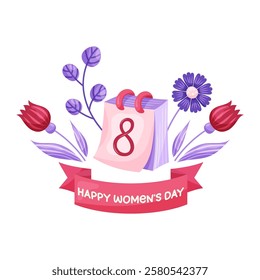 March 8 Women's Day Postcard with Calendar and Flowers. Simple cute greeting card. Vector illustration.