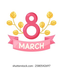 March 8 Women's Day Postcard with number 8 and golden leaves. Simple cute greeting card. Vector illustration.