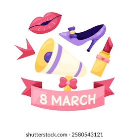 March 8 Women's Day Postcard with megaphone, lipstick and shoes. Simple cute greeting card. Vector illustration.