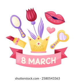 March 8 Women's Day Postcard with crown, lipstick and tulip. Simple cute greeting card. Vector illustration.