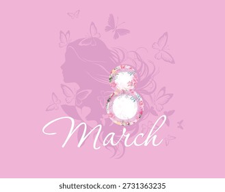March 8. Women's Day Postcard silhouette of a girl. Hand drawn. Not AI, vector illustration