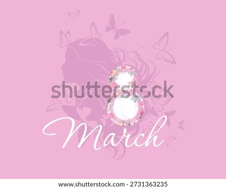 March 8. Women's Day Postcard silhouette of a girl. Hand drawn. Not AI, vector illustration