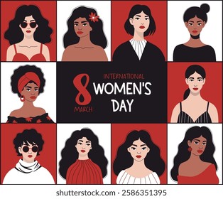 March 8 Women's Day Poster. Diverse Pretty Woman. Modern Minimalist Female Portrait in repeating shapes. International Holiday Card. Vector illustration. Celebration and feminism concept