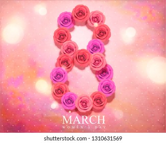 March 8 women's day with roses composed number on bokeh watercolor background