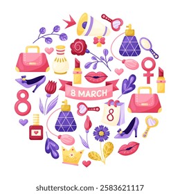 March 8 Women's Day round Illustration Set. Elements for design on white background. Isolated vector illustration.