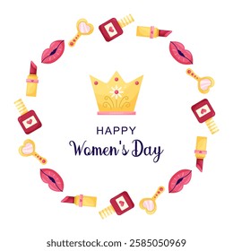 March 8 Women's Day Round frame with lips, lipstick and mirror. Different Elements on white background. Vector illustration.