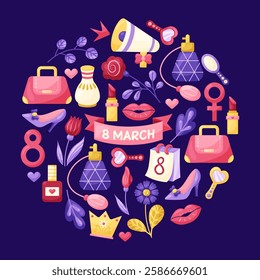 March 8 Women's Day round Illustration Set. Elements for design on dark background. Isolated vector illustration.