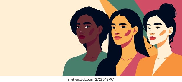 8. März, Frauentag. Drei Frauen verschiedener Kulturen, Hautfarben, die zusammenstehen. Gleichstellung der Geschlechter, Vielfalt, Stärkung der Rolle der Frau. Vektorbanner mit Platz für Text. Für Frauenprojekte