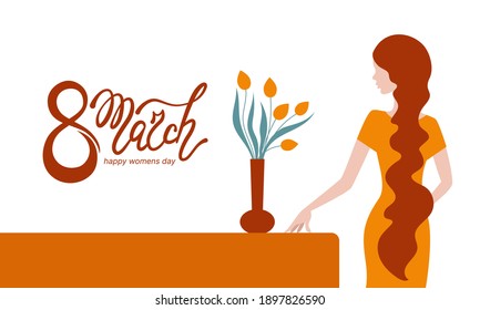 March 8, Women's Day. Vector flat illustration, woman, flowers in a vase, hand lettering congratulation